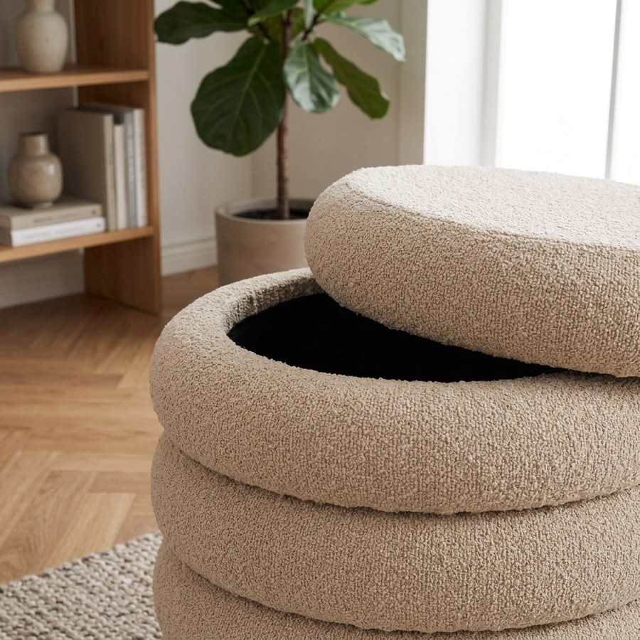 Brooklyn puf i Beige bourclé med opbevaring fra House Nordic | ø44x44 cm - Billede 3