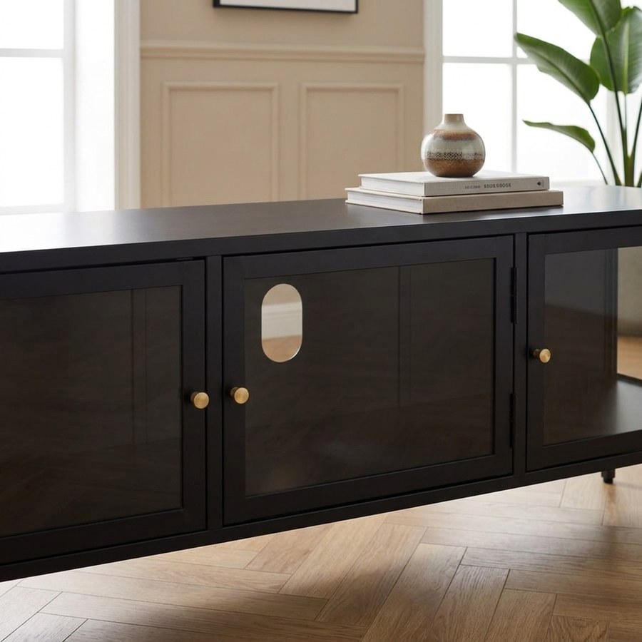 ai-miljoe-3-carmel-tv-b-nk-i-sort-st-l-med-glasfront-og-gyldne-h-ndtag-fra-unique-furniture-40x132x52cm-237062 Carmel TV Bænk i Sort Stål med Glasfront og Gyldne Håndtag fra Unique Furniture | 40x132x52cm - Billede 3