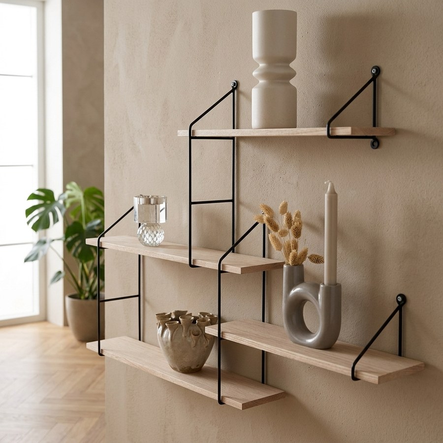 ai-miljoe-3-harlem-hylde-4-tr-hylder-forskudt-med-sort-stel-fra-house-nordic-161604 Harlem Hylde, 4 træhylder forskudt med sort stel fra House Nordic - Billede 3