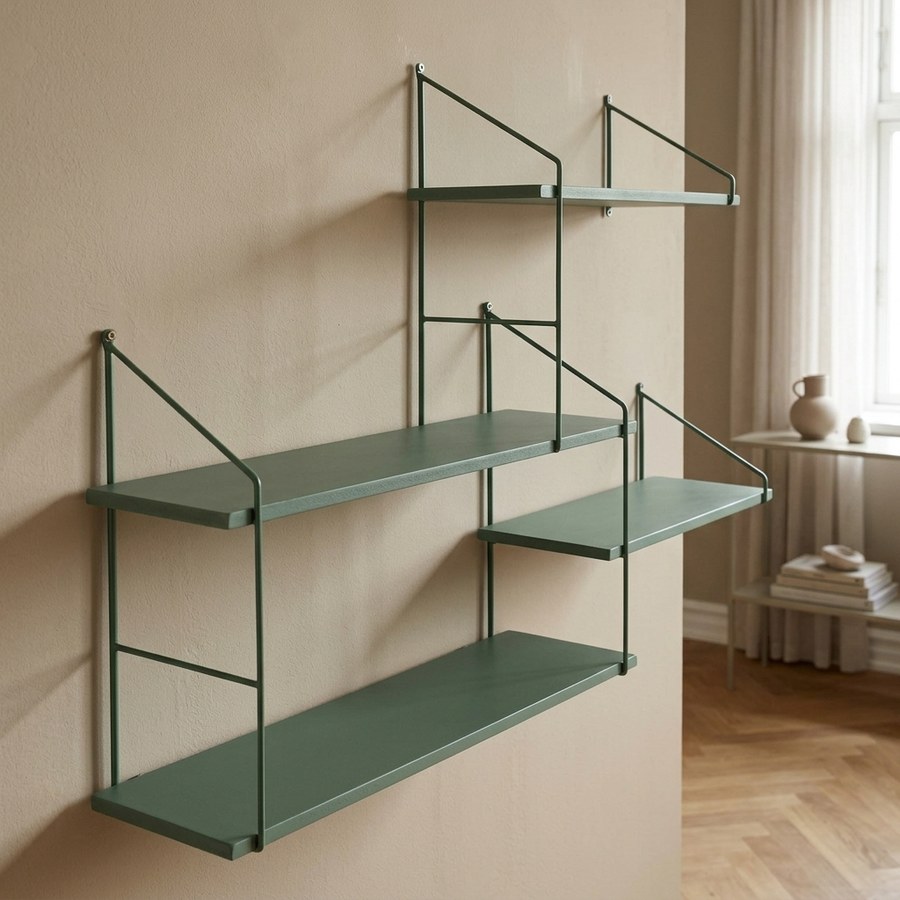 Harlem Hylde med 4 forskudte grønne Hylder og grønt metalstel fra House Nordic | 99x14,5x62 cm - Billede 3
