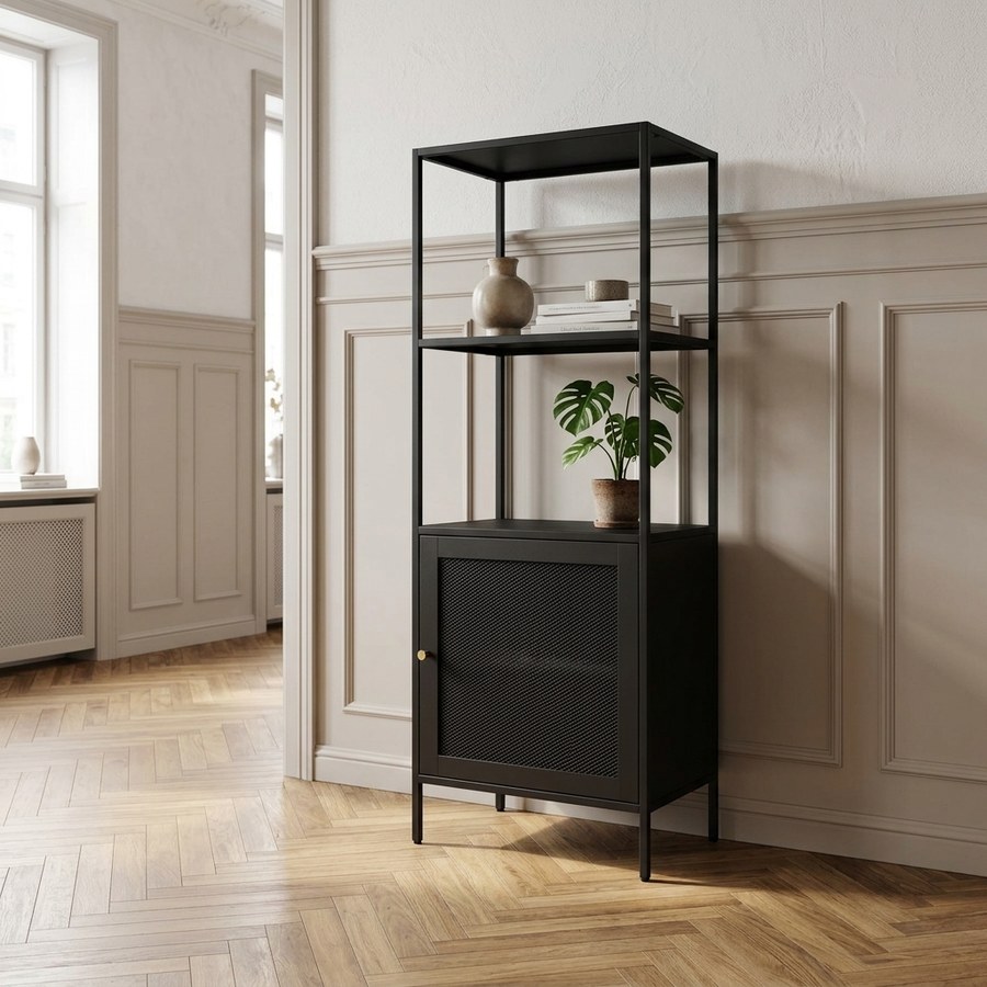 Malibu Reol i Sort Metal med 1 Låge, 2 Hylder og Håndtag i Sort og Guld Metal fra Unique Furniture | 35x80x138cm - Billede 3