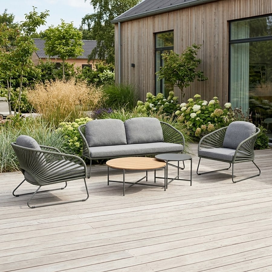 Novella Loungesæt i Grøn = 2 Borde, 2 Stole & 1 Sofa inkl. Grå Hynder fra House Nordic | L78xB71/162xH73cm - Billede 3