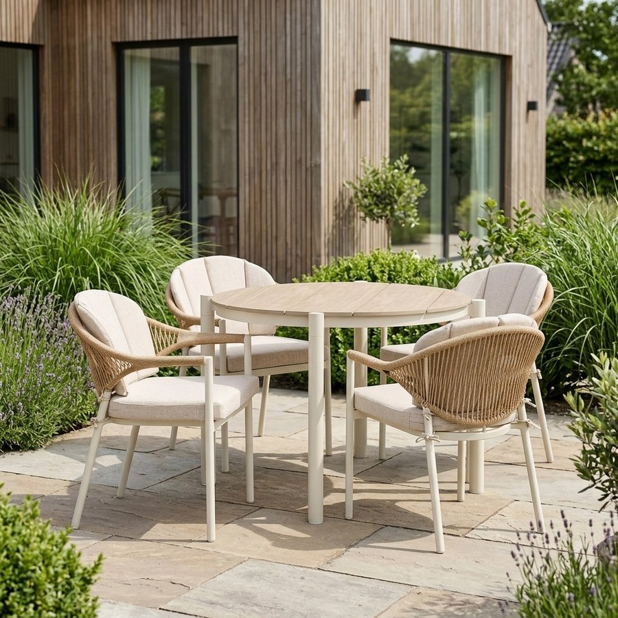 Abela Havemøbelsæt med Abela Spisebordsstole i Sand/Natur Nonwood & PE Rattan fra House Nordic | 4 Stole & 1 Bord - Billede 1
