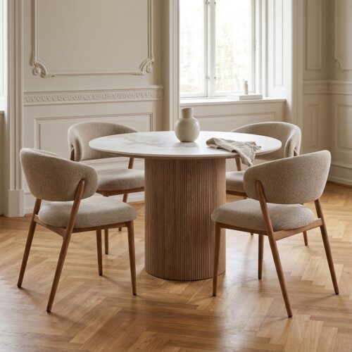 Athens Spisebordssæt med Cavi Spisebordsstole i Hvid Keramik & Sand Polyester fra House Nordic | 4 Stole & 1 Bord - Billede 1