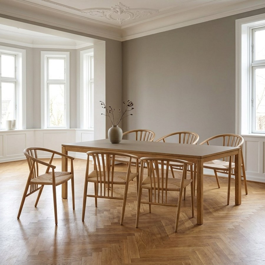 ai-miljoe-web-1-bowen-spisebordss-t-med-agustin-spisebordsstole-i-natur-egetr-fra-hous Bowen Spisebordssæt med Agustin Spisebordsstole i Natur Egetræ fra House Nordic | 6 Stole & 1 Bord - Billede 1
