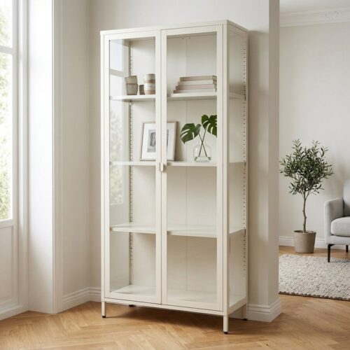 Brisbane Vitrineskab i Off White Stål med 2 Glaslåger fra House Nordic | B80xD35xH175 cm - Billede 1