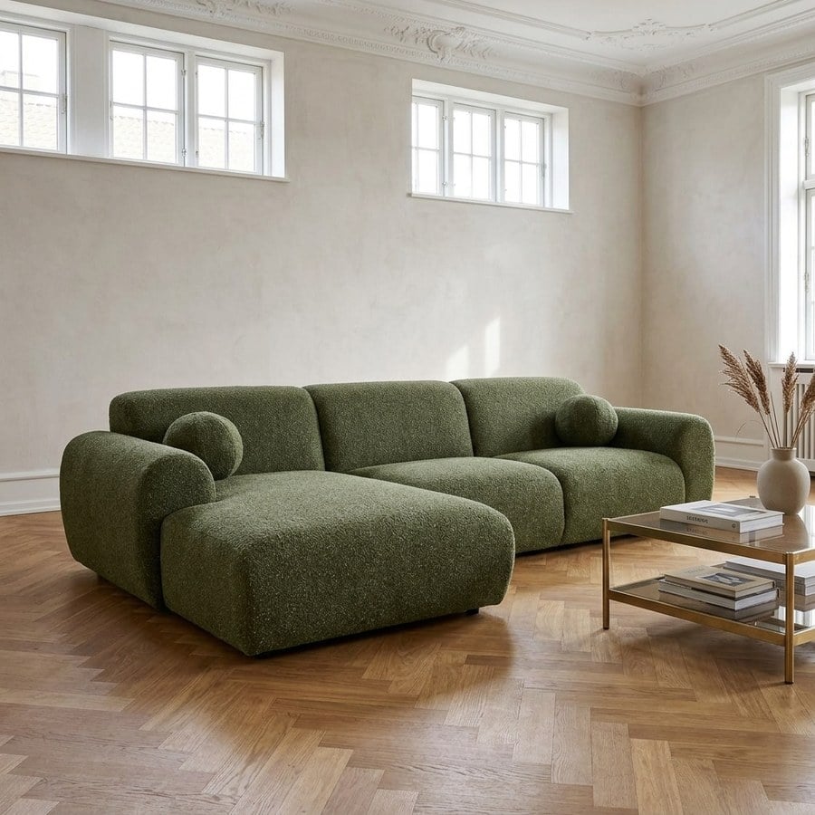 ai-miljoe-web-1-clyde-loungesofa-venstrevendt-i-olivengr-n-polyester-med-puder-fra-hou Clyde Loungesofa Venstrevendt i Olivengrøn Polyester med Puder fra House Nordic | B300xL109-177xH75 cm - Billede 1