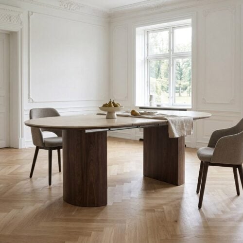 Delphi Spisebord i Travertin Keramik med Tillægsplader & Stel i Mørkebrun MDF fra House Nordic | Ø120xH76 cm - Billede 1