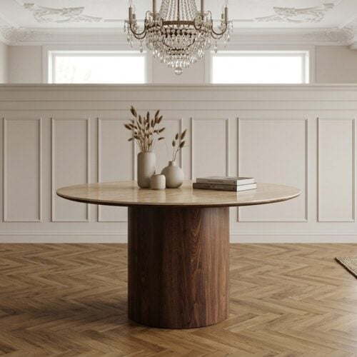 Delphi Spisebord i Travertin Keramik & Stel i Mørkebrun MDF fra House Nordic | Ø140xH76 cm - Billede 1