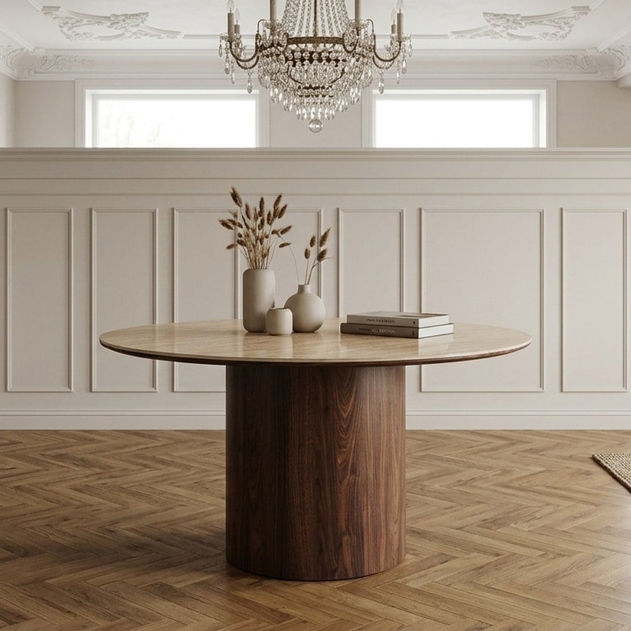 ai-miljoe-web-1-delphi-spisebord-i-travertin-keramik-stel-i-m-rkebrun-mdf-fra-house-no-1 Delphi Spisebord i Travertin Keramik & Stel i Mørkebrun MDF fra House Nordic | Ø140xH76 cm - Billede 1