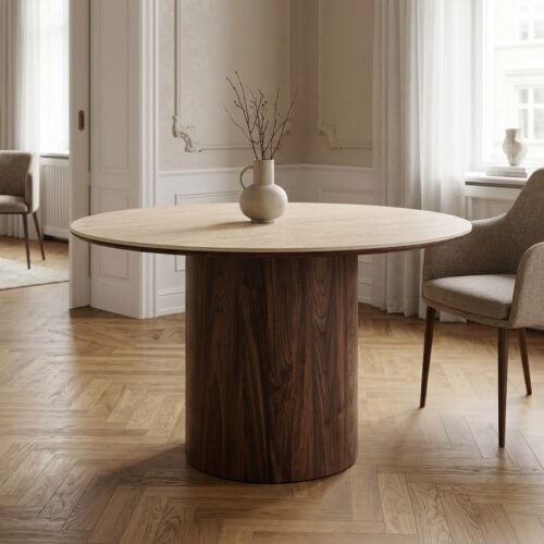 Delphi Spisebord i Travertin Keramik & Stel i Mørkebrun MDF fra House Nordic | Ø120xH76 cm - Billede 1
