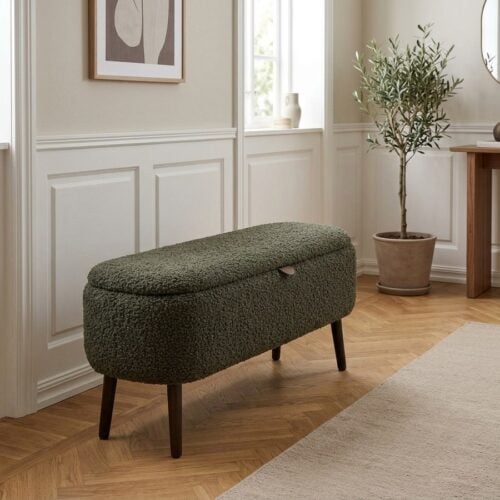 Harlow B&aelig;nk i Gr&oslash;n Teddy med Opbevaring & Ben i Natur Gummitr&aelig; fra House Nordic | B95xD37xH45 cm - Billede 1