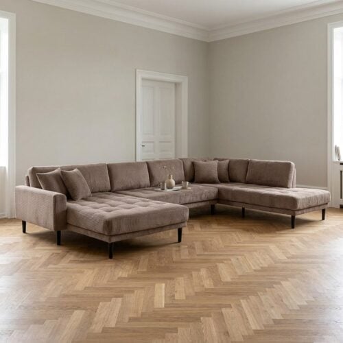 Lido U-Sofa &Aring;ben Ende Venstrevendt i Brun Fl&oslash;jl med Fire Puder & Ben i Sort Tr&aelig; fra House Nordic | B370xL220xH76 cm - Billede 1