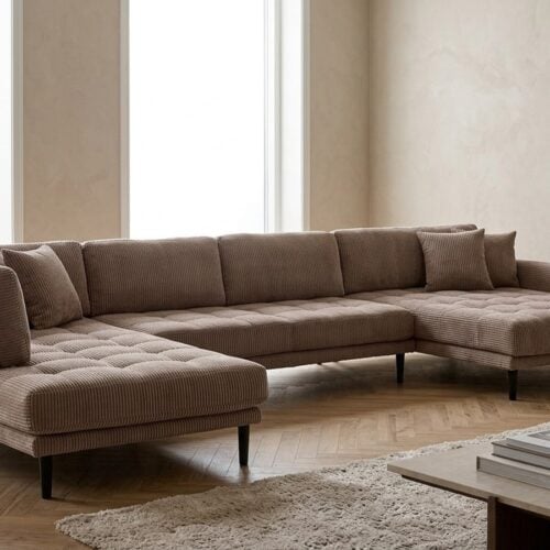 Lido U-Sofa med &Aring;ben Ende H&oslash;jrevendt i Brun Fl&oslash;jl med Fire Puder & Ben i Sort Tr&aelig; fra House Nordic | B370xL220xH76 cm - Billede 1
