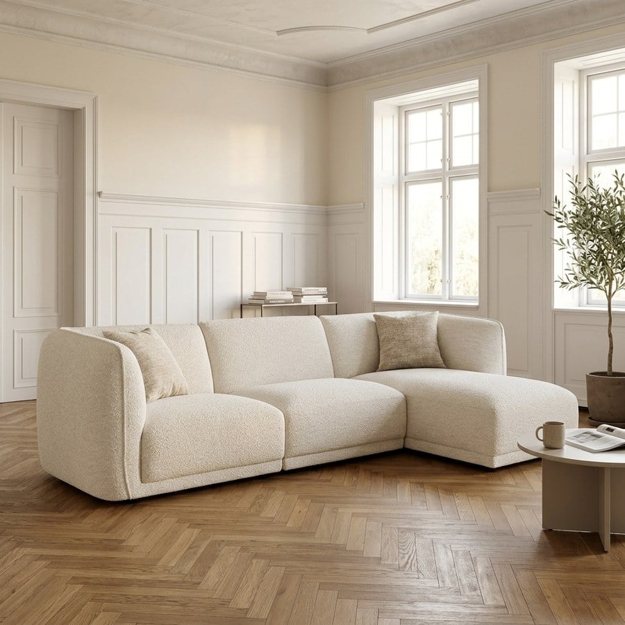ai-miljoe-web-1-noor-h-jrevendt-loungesofa-i-off-white-polyester-med-2-puder-fra-house Noor Højrevendt Loungesofa i Off-White Polyester med 2 Puder fra House Nordic | B276xL94-166xH75 cm - Billede 1