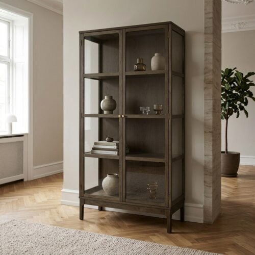 Zamora Vitrineskab i Mørkebrun Egetræ med 2 Glaslåger & 3 Hylder fra House Nordic | B90xD40xH180 cm - Billede 1
