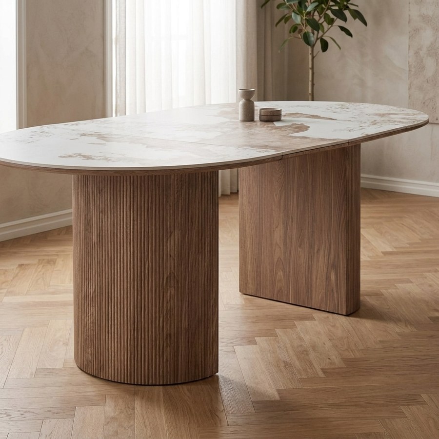Athens Spisebord i Hvid/Brun Keramik med 2 Tillægsplader fra House Nordic | Ø120xH76 cm - Billede 2