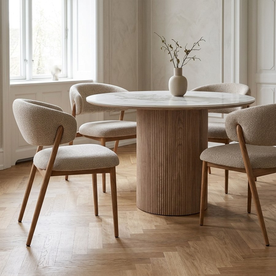 Athens Spisebordssæt med Cavi Spisebordsstole i Hvid Keramik & Sand Polyester fra House Nordic | 4 Stole & 1 Bord - Billede 2