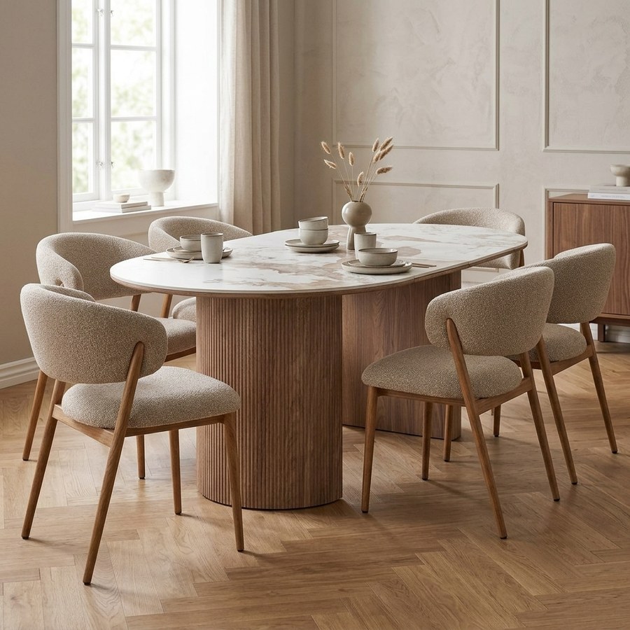 ai-miljoe-web-2-athens-spisebordss-t-med-cavi-spisebordsstole-i-sand-natur-hvid-brun-k Athens Spisebordssæt med Cavi Spisebordsstole i Sand/Natur/Hvid/Brun Keramik & Polyester fra House Nordic | 6 Stole & 1 Bord - Billede 2