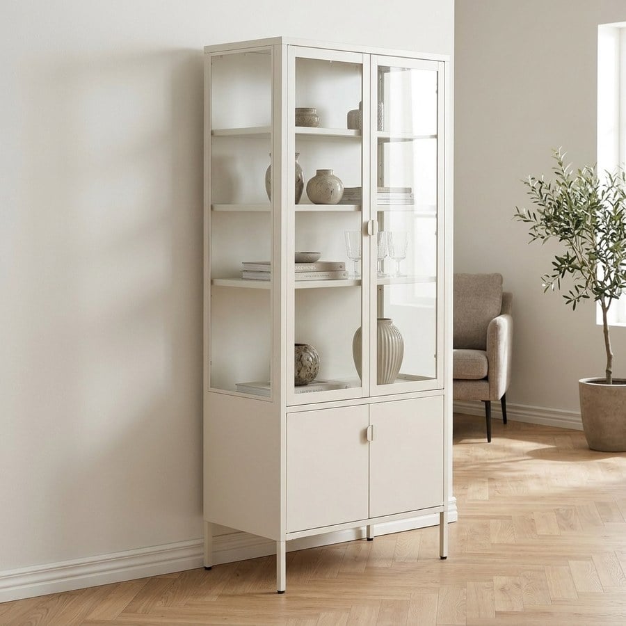 Brisbane Vitrineskab i Off White Stål & Glas med 4 Låger fra House Nordic | B80xD35xH180 cm - Billede 2
