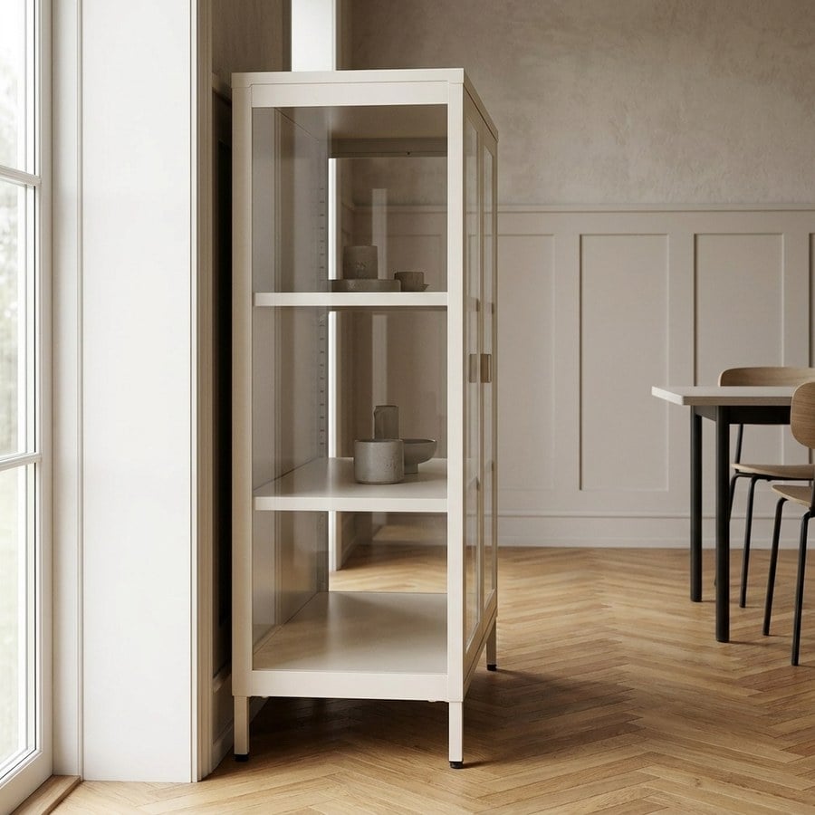 ai-miljoe-web-2-brisbane-vitrineskab-med-2-glasl-ger-i-off-white-st-l-glas-fra-house-n Brisbane Vitrineskab med 2 Glaslåger i Off White Stål & Glas fra House Nordic | B80xD40xH101 cm - Billede 2