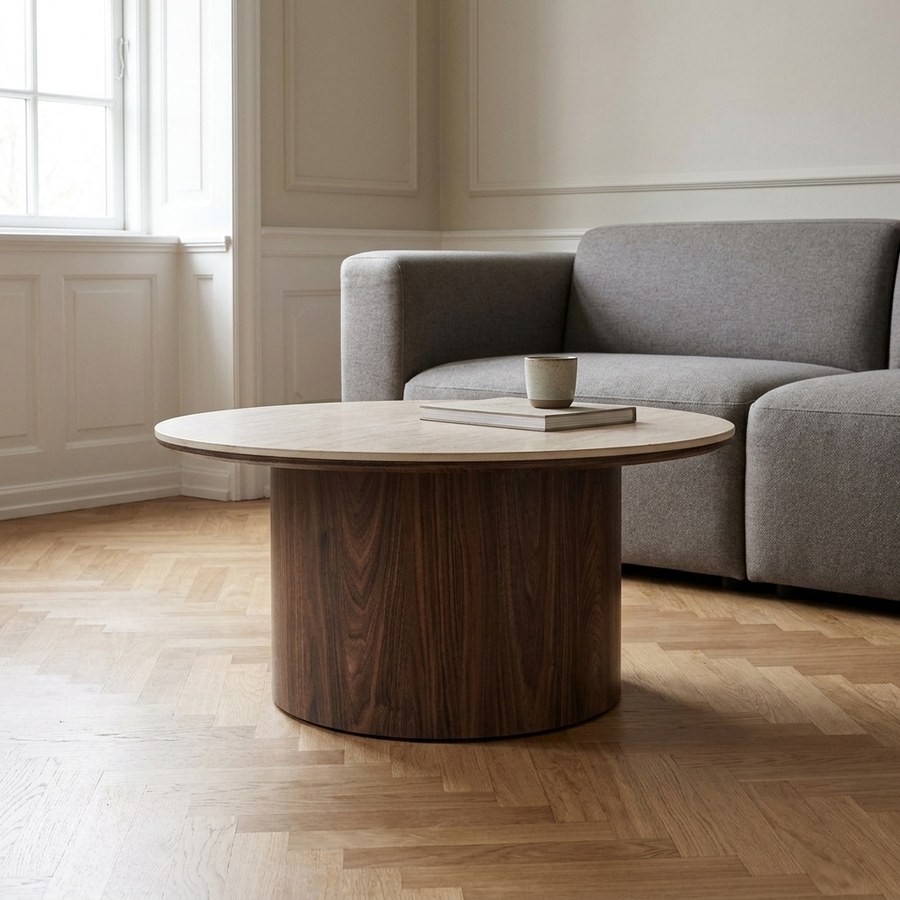 Delphi Sofabord i Travertin/Mørkebrun Keramik & MDF fra House Nordic | Ø80xH40 cm - Billede 2