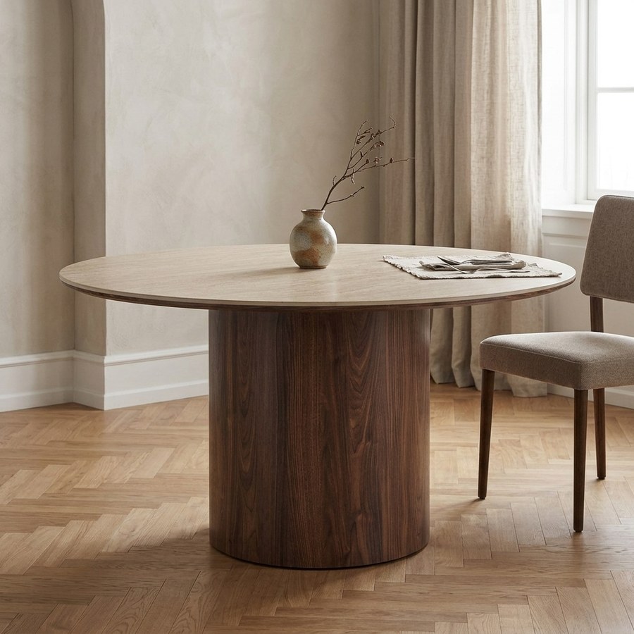 ai-miljoe-web-2-delphi-spisebord-i-travertin-keramik-stel-i-m-rkebrun-mdf-fra-house-no-1 Delphi Spisebord i Travertin Keramik & Stel i Mørkebrun MDF fra House Nordic | Ø140xH76 cm - Billede 2