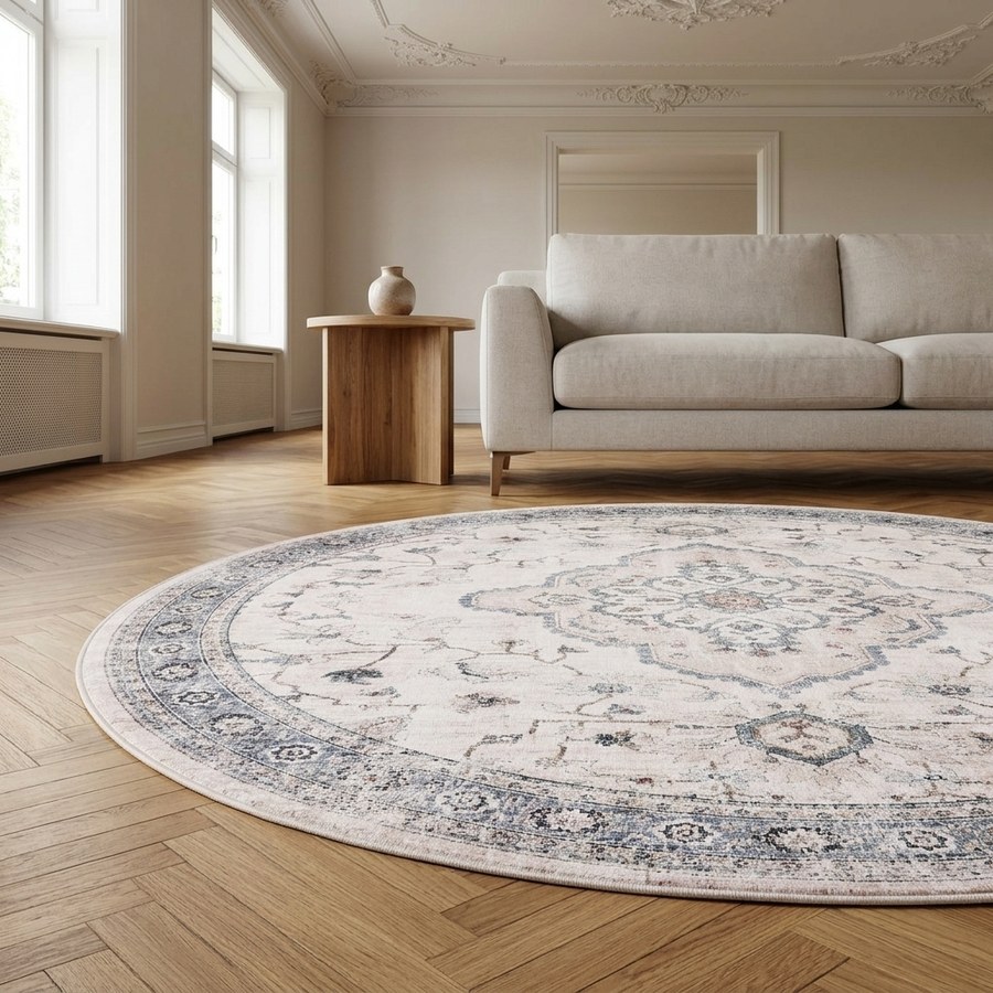 Havana Tæppe i Off White/Beige/Støvet Blå Polyester fra House Nordic | Ø200 cm - Billede 2
