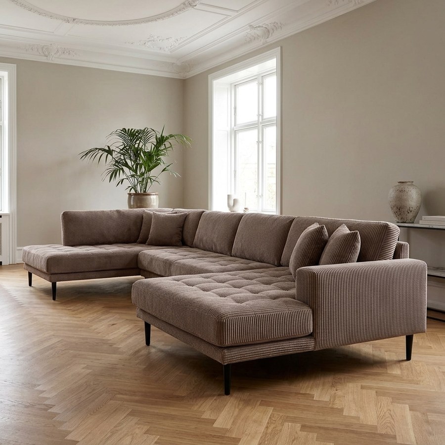 Lido U-Sofa med Åben Ende Højrevendt i Brun Fløjl med Fire Puder & Ben i Sort Træ fra House Nordic | B370xL220xH76 cm - Billede 2