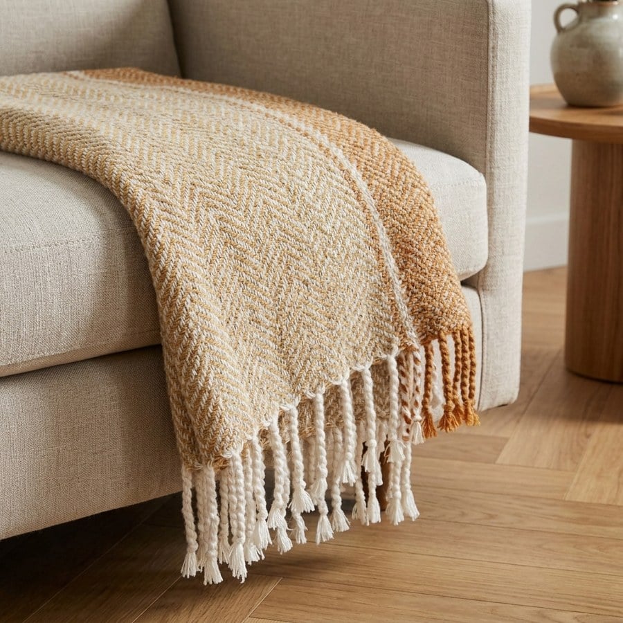 Almora Plaid i Beige/Gylden Orange Polyester & Akryl fra House Nordic | B130xL180 cm - Billede 3