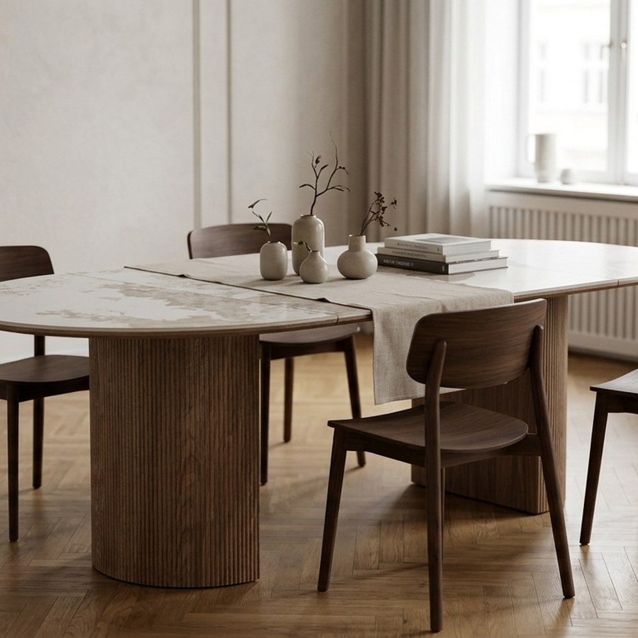 Athens Spisebord i Hvid/Brun Keramik med 2 Tillægsplader fra House Nordic | Ø120xH76 cm - Billede 3