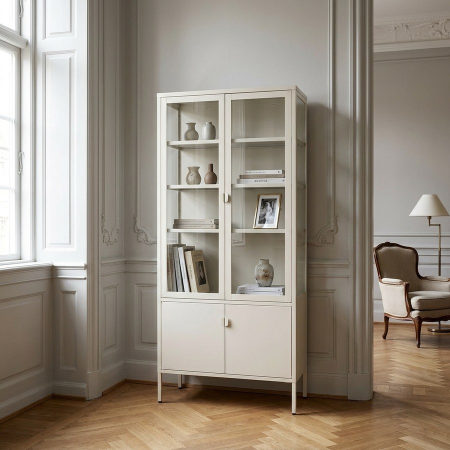 Brisbane Vitrineskab i Off White Stål & Glas med 4 Låger fra House Nordic | B80xD35xH180 cm - Billede 3