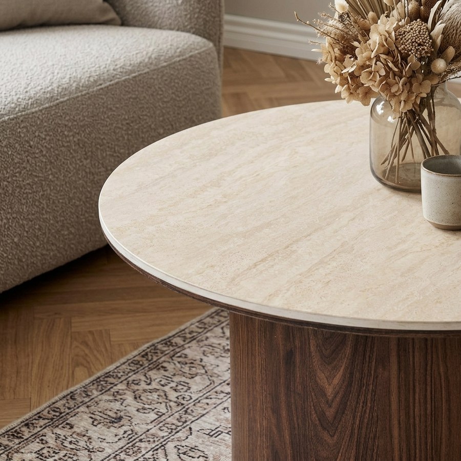 Delphi Sofabord i Travertin/Mørkebrun Keramik & MDF fra House Nordic | Ø80xH40 cm - Billede 3