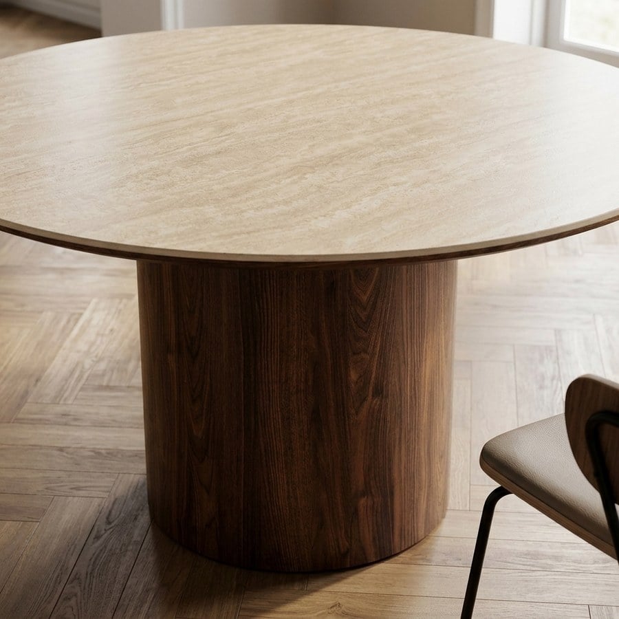 ai-miljoe-web-3-delphi-spisebord-i-travertin-keramik-stel-i-m-rkebrun-mdf-fra-house-no-1 Delphi Spisebord i Travertin Keramik & Stel i Mørkebrun MDF fra House Nordic | Ø140xH76 cm - Billede 3