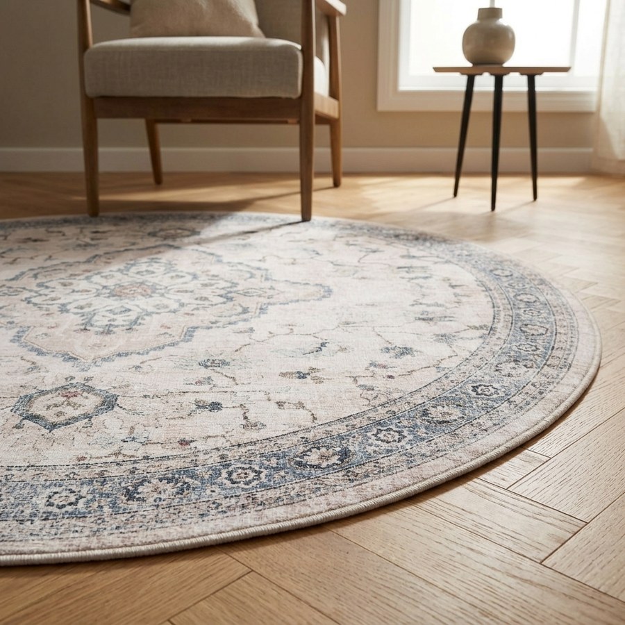 Havana Tæppe i Off White/Beige/Støvet Blå Polyester fra House Nordic | Ø200 cm - Billede 3