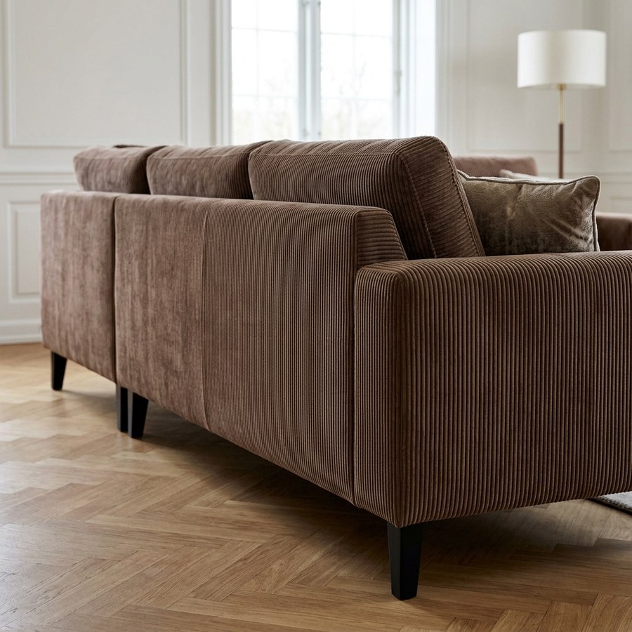 Lido U-Sofa med Åben Ende Højrevendt i Brun Fløjl med Fire Puder & Ben i Sort Træ fra House Nordic | B370xL220xH76 cm - Billede 3