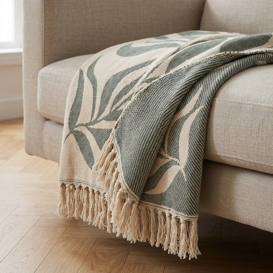 Loni Plaid i Sand/Grøn Bomuld fra House Nordic | L180xB130 cm - Billede 3