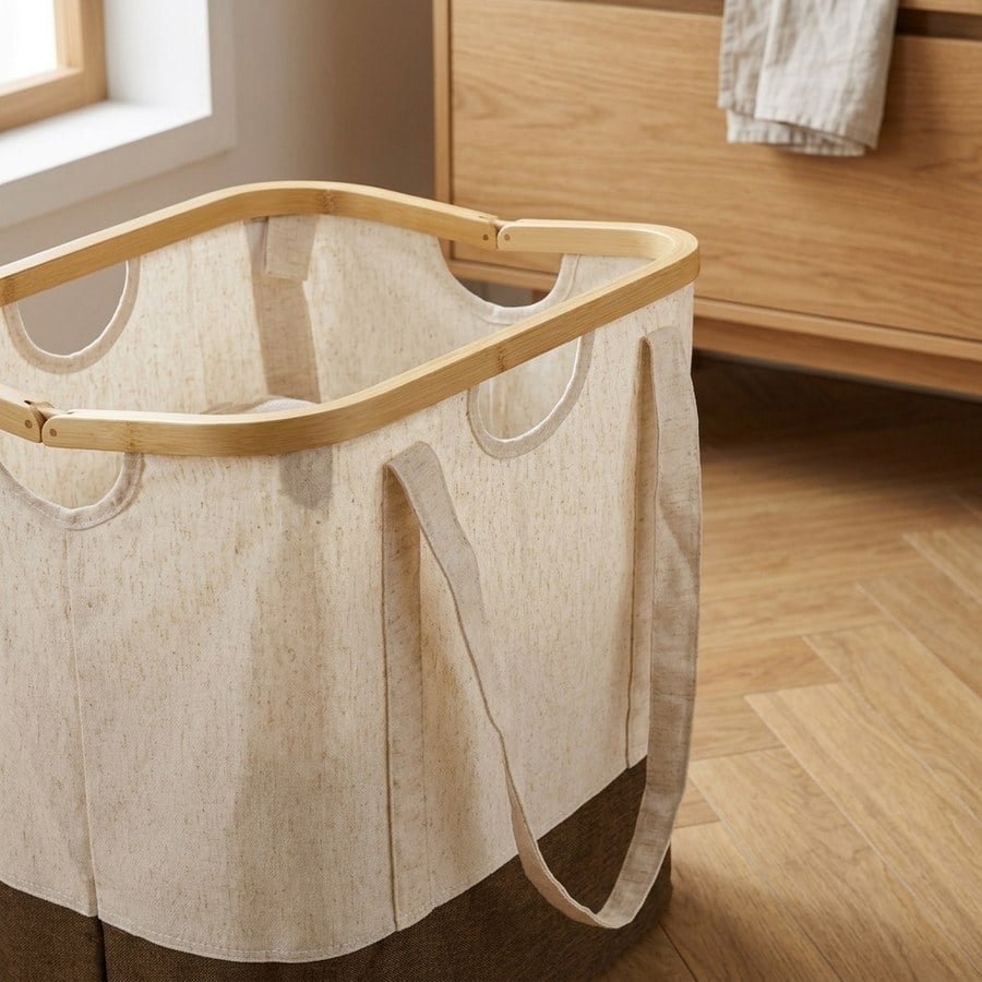 Noto Vasketøjspose i Off White/Brun Bambus & Polyester fra House Nordic | L40xB30xH45 cm - Billede 3