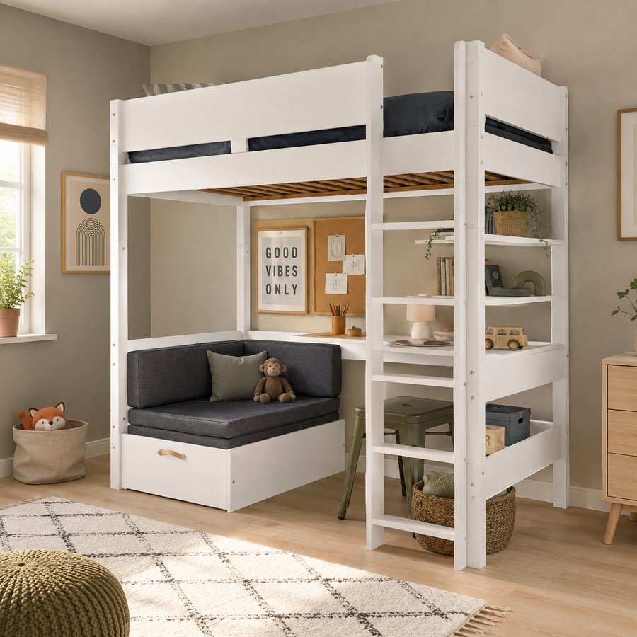 fenris-hj-brneseng-i-malet-mdf-med-sofa-amp-ben-i-massivt-malet-bgetr FENRIS Høj Børneseng i Malet MDF med Sofa & Ben i Massivt Malet Bøgetræ fra Manis-h | Flere Størrelser & Farver - Billede 1
