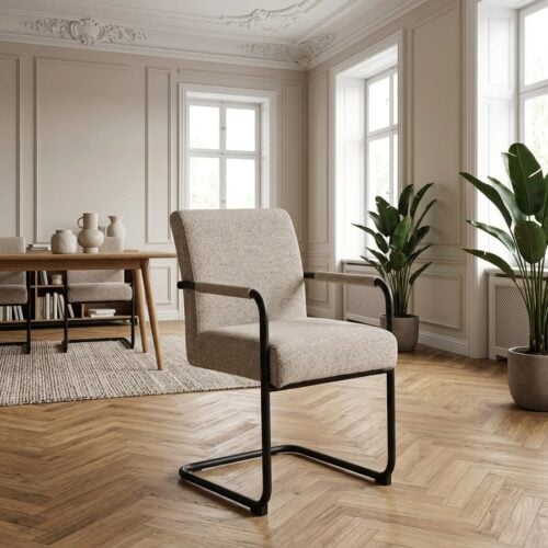 Adele Spisebordsstol i Beige Stof med Armlæn & Stel i Sort Stål fra Actona | BDH 50,5x64,5x84,5 cm - Billede 1