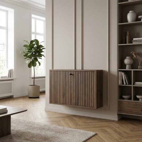 Albany Skoskab i Røgefarvet Egetræ Melamin med Lamel Front fra Actona | BDH 71,6x17x43 cm - Billede 1