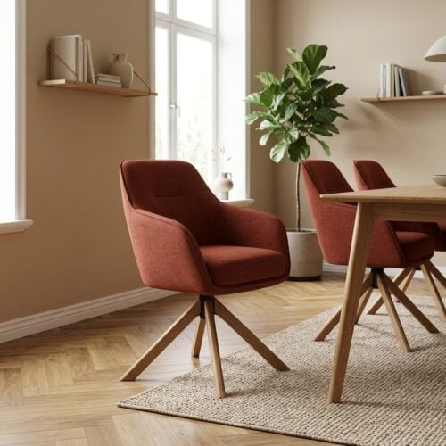 Avola Spisebordsstol med Armlæn i Rustrød Polyester og Egetræ fra Unique Furniture | B59xH87xD65cm - Billede 1