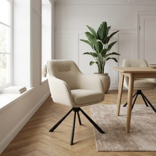 Avola Spisebordsstol med Armlæn i Sandfarvet Stof med Sort Stål Stel fra Unique Furniture | B59xH87xD65cm - Billede 1