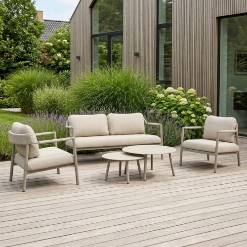 Capri Loungesæt i Aluminium med Hynder fra Lexpo Living | Sand | Loungesofa + 2x Loungestole + 2x Sofaborde - Billede 1
