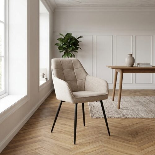Nolan Spisebordsstol med Armlæn i Sandfarvet Polyesterstof med Sort Stål Stel fra Unique Furniture | B58xH84xD59,5cm - Billede 1