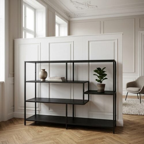 Seaford Reol i Sort Ask Melamin med Asymmetrisk Opsætning & Ramme i Sort Stål fra Actona | BDH 114x35x78 cm - Billede 1
