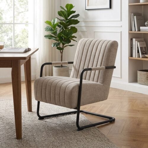 Trout Spisebordsstol med Armlæn i Sandfarvet Stof og Sort Stål fra Unique Furniture | B65xH84,5xD77cm - Billede 1