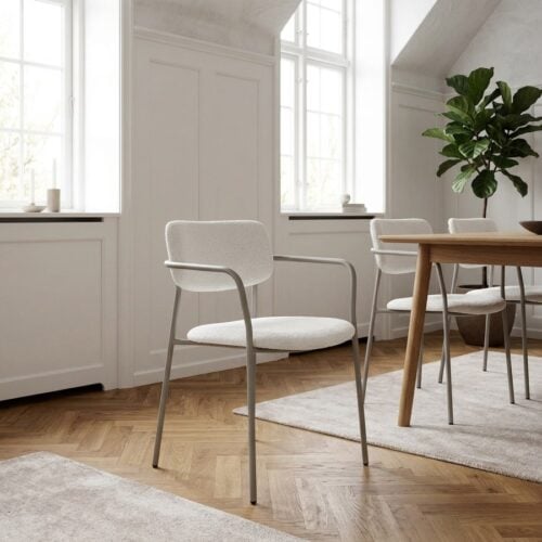 Zama Spisebordsstol med Armlæn i Hvidt Stof og Gråt Metalstel fra Unique Furniture | B54,5xH77xD53,5cm - Billede 1