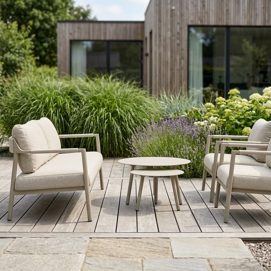 Capri Loungesæt i Aluminium med Hynder fra Lexpo Living | Sand | Loungesofa + 2x Loungestole + 2x Sofaborde - Billede 2