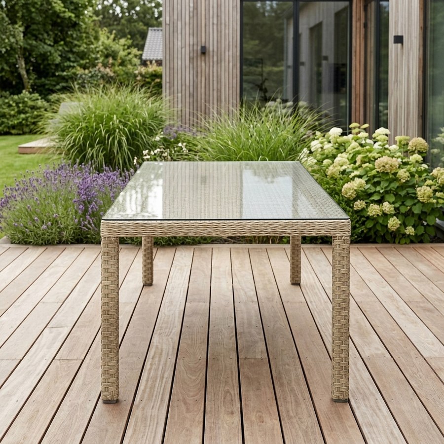 Cocos Udendørs Spisebord i Flettet Rattan med Glasplade fra Lexpo Living | 100x230 cm (Kun bordet) - Billede 2